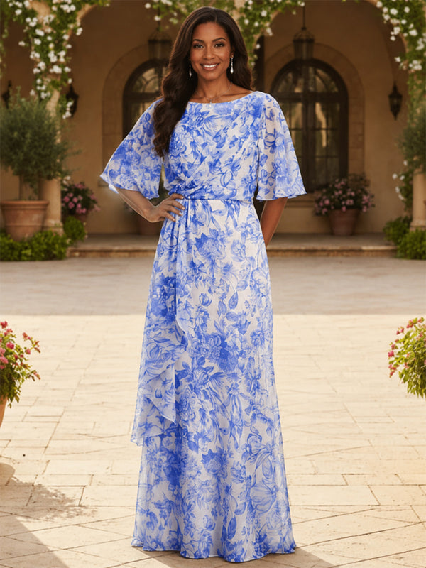 Chiffon A-Line Scoop Neck Long Mother of the Bride Dresses with Ruffles