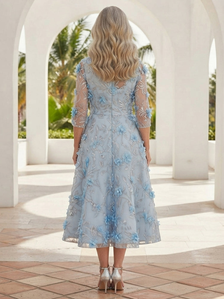 Tulle A-Line V Neck Tea Length Plus Size Mother of the Bride Dresses with 3D Flowers
