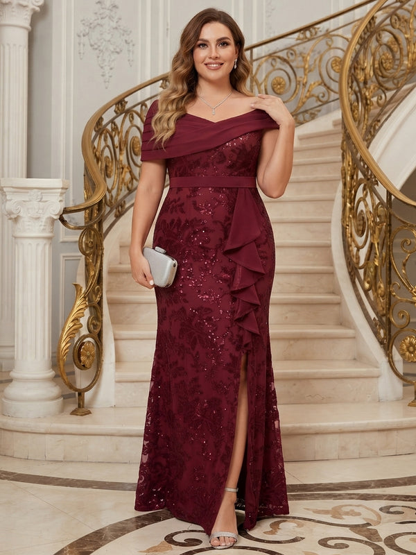 Tulle Mermaid Asymmetric Neck Long Plus Size Mother of the Bride Dresses with Sequin Embroidery