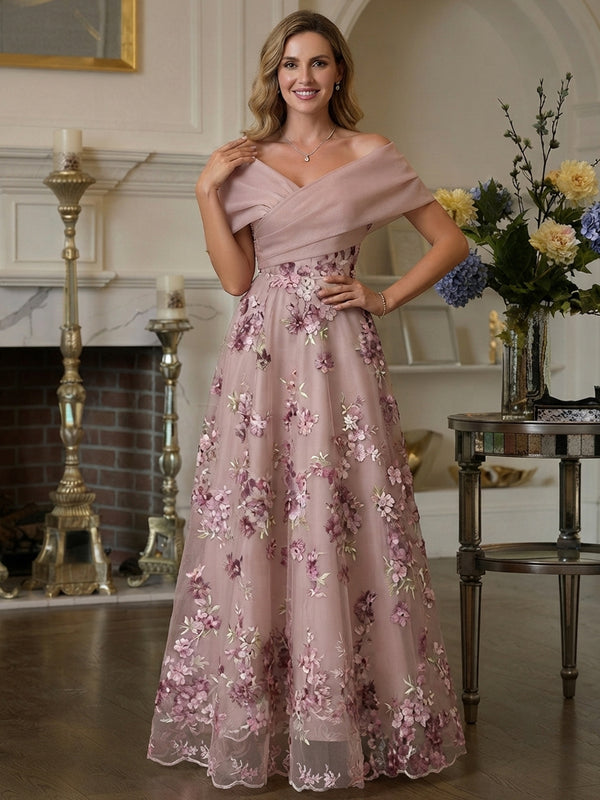 Tulle A-Line Off the Shoulder Long Mother of the Bride Dresses with Floral Embroidery