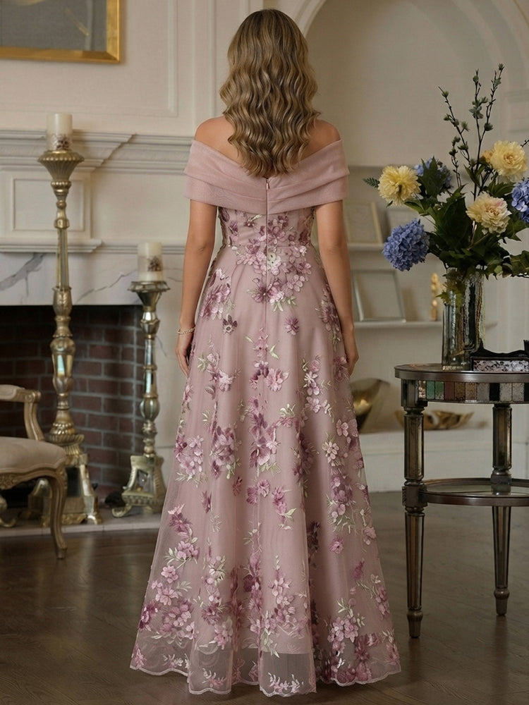Tulle A-Line Off the Shoulder Long Mother of the Bride Dresses with Floral Embroidery
