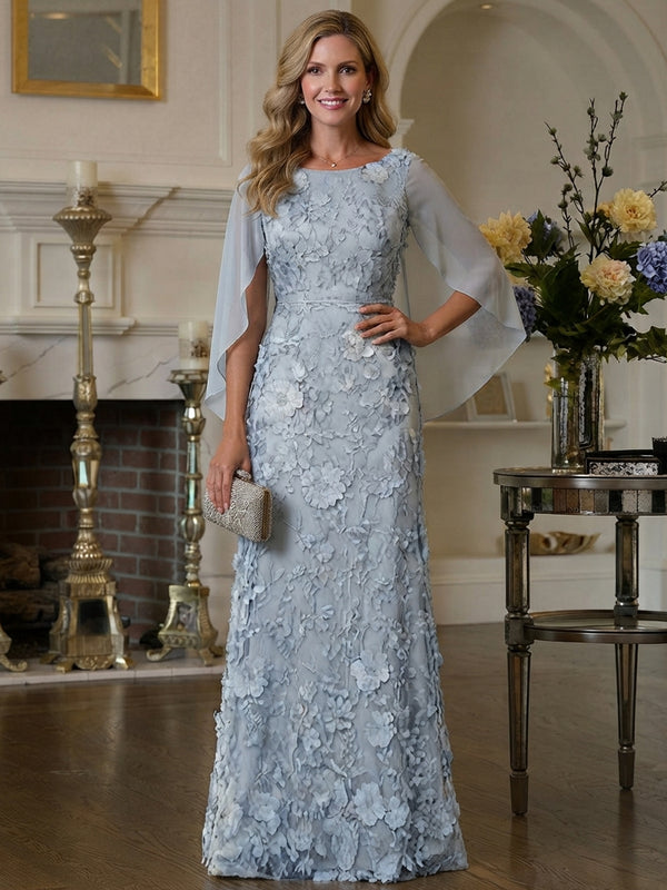 Tulle Mermaid Scoop Neck Long Mother of the Bride Dresses with 3D Flowers