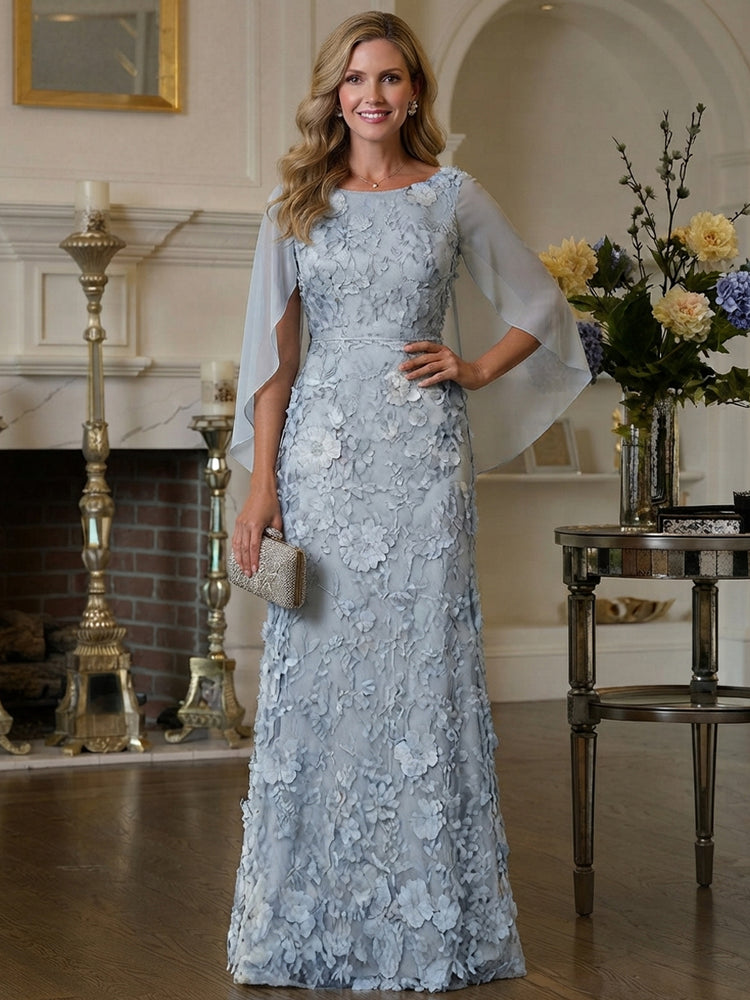 Tulle Mermaid Scoop Neck Long Mother of the Bride Dresses with 3D Flowers