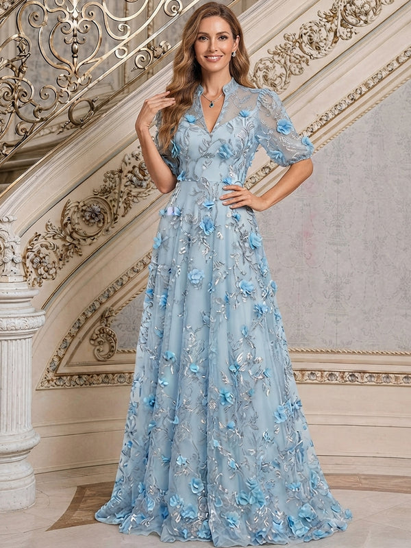 Tulle A-Line V Neck Long Mother of the Bride Dresses with 3D Flowers