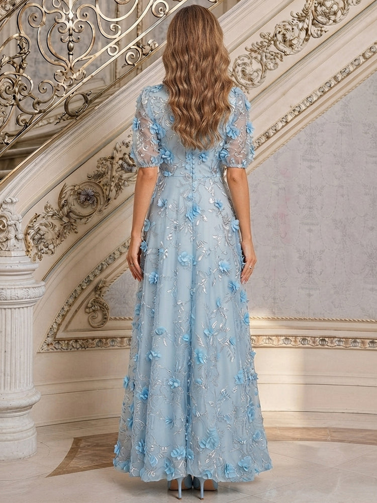 Tulle A-Line V Neck Long Mother of the Bride Dresses with 3D Flowers