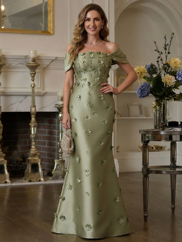 Satin Mermaid Off the Shoulder Long Mother of the Bride Dresses with 3D Flowers
