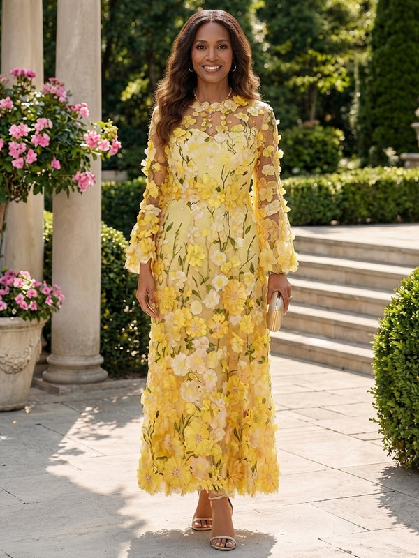 Tulle A-Line Jewel Neck Long Mother of the Bride Dresses with 3D Flowers