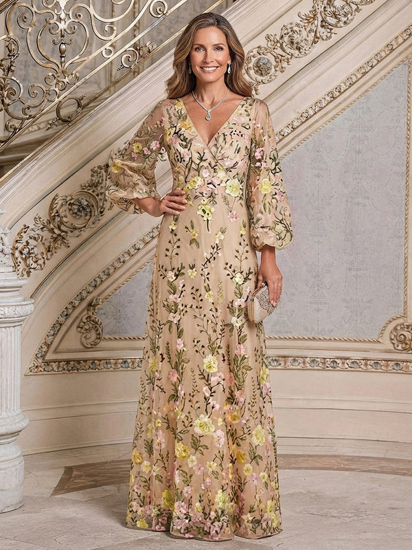 Tulle A-Line V Neck Long Mother of the Bride Dresses with Floral Embroidery