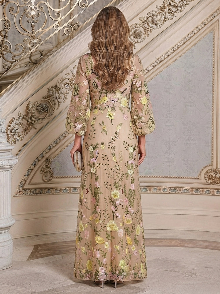 Tulle A-Line V Neck Long Mother of the Bride Dresses with Floral Embroidery
