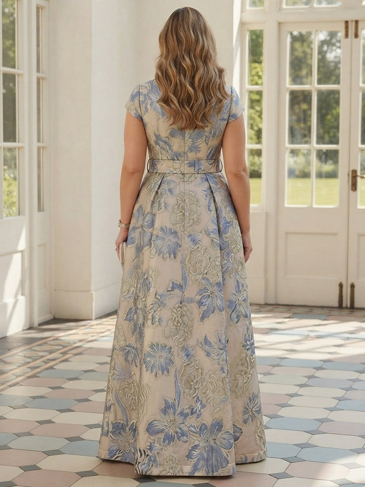 Jacquard A-Line V Neck Long Plus Size Mother of the Bride Dresses with Pleats