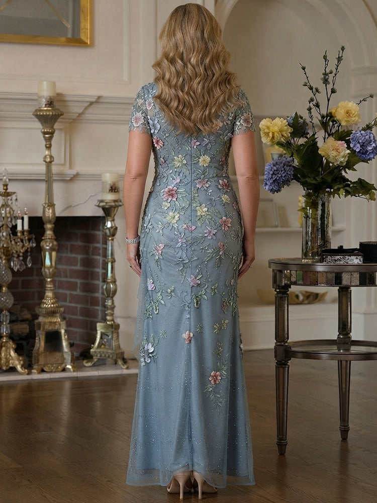 Tulle Mermaid V Neck Long Mother of the Bride Dresses with Floral Embroidery