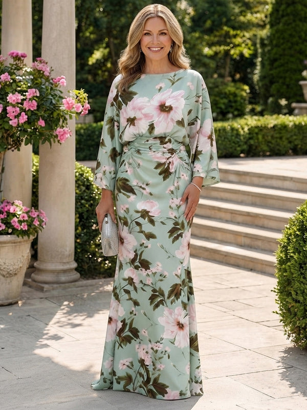 Floral Print Mermaid Scoop Neck Long Ruched Mother of the Bride Dresses
