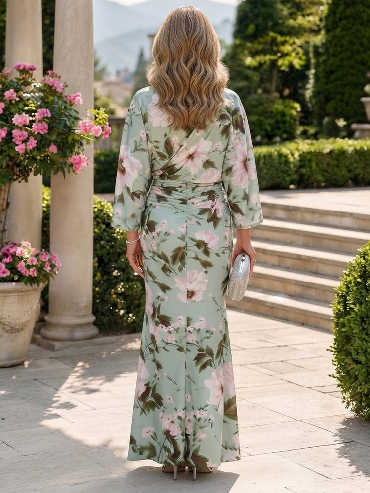 Floral Print Mermaid Scoop Neck Long Ruched Mother of the Bride Dresses