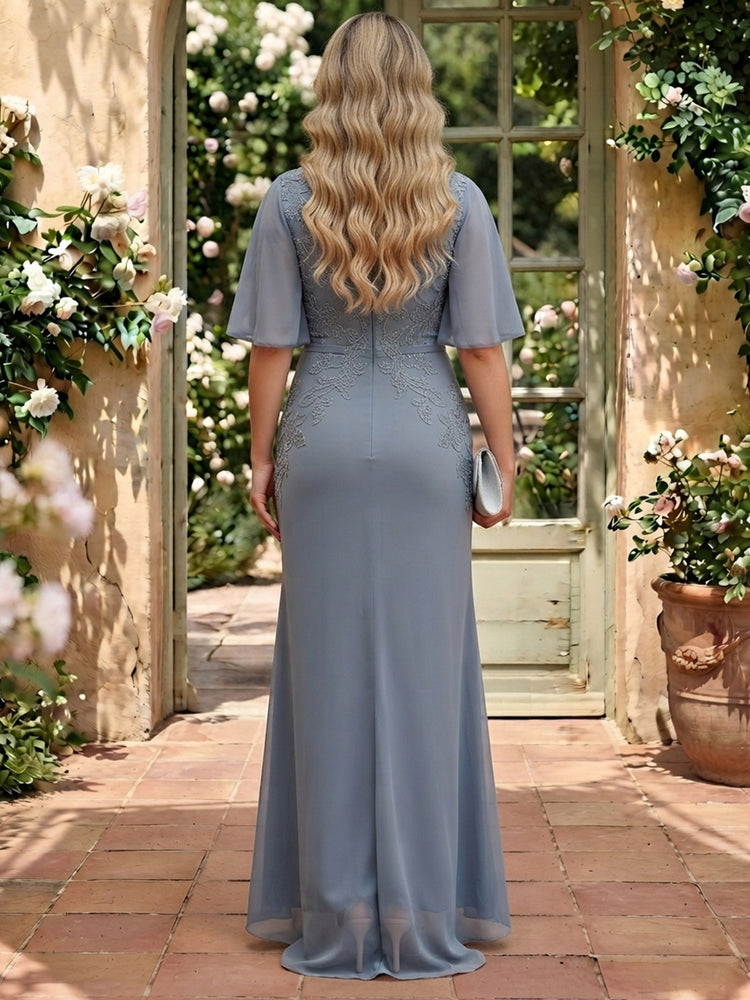 Chiffon A-Line V Neck Long Mother of the Bride Dresses with Applique