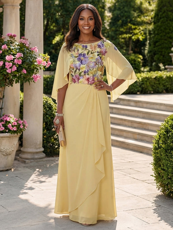 Chiffon A-Line Scoop Neck Long Mother of the Bride Dresses with Floral Embroidery