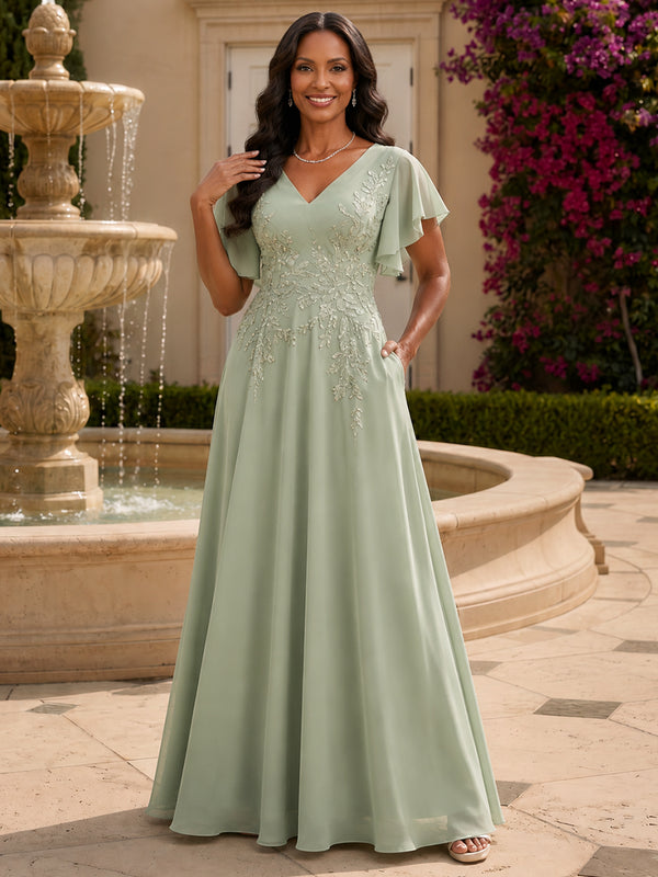 Chiffon A-Line V Neck Long Mother of the Bride Dresses with Pocket