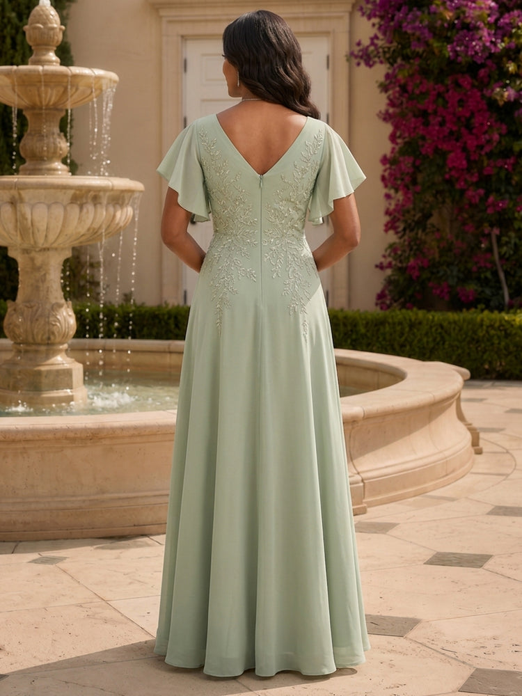 Chiffon A-Line V Neck Long Mother of the Bride Dresses with Pocket