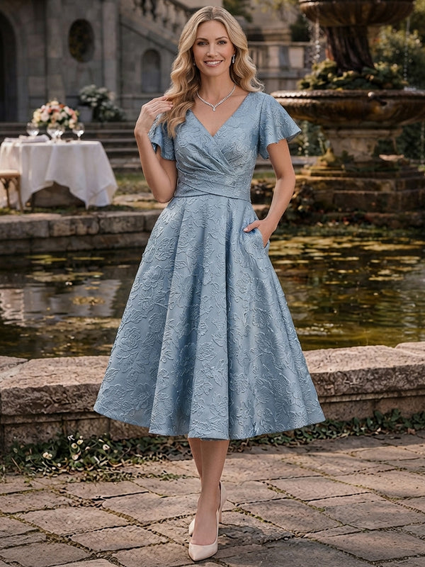 Jacquard A-Line V Neck Long Mother of the Bride Dresses with Pocket