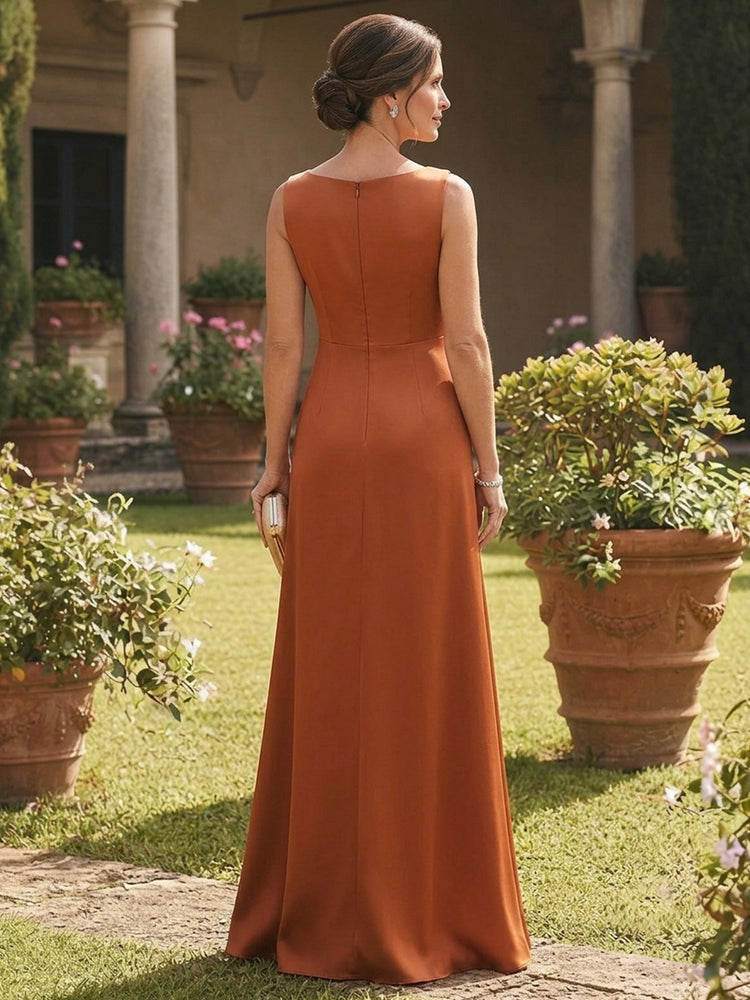 Satin A-Line Crew Neck Long Mother of the Bride Dresses with Pleated
