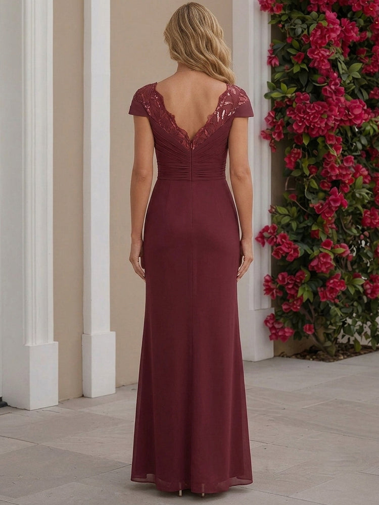 Chiffon Mermaid V Neck Long Mother of the Bride Dresses with Lace Applique