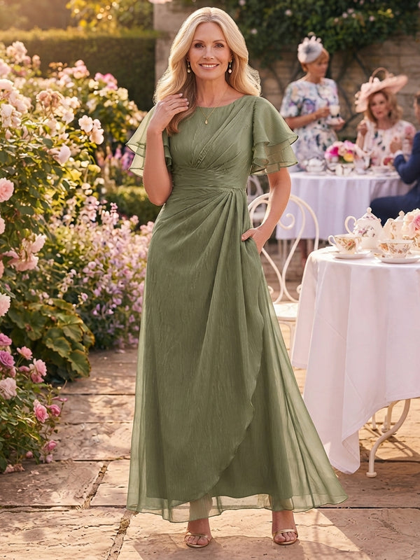 Chiffon A-Line Boat Neck Long Mother of the Bride Dresses with Pocket