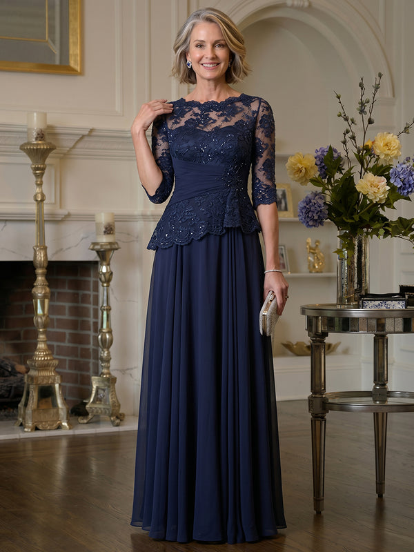 Chiffon A-Line Boat Neck Long Mother of the Bride Dresses with Lace Applique