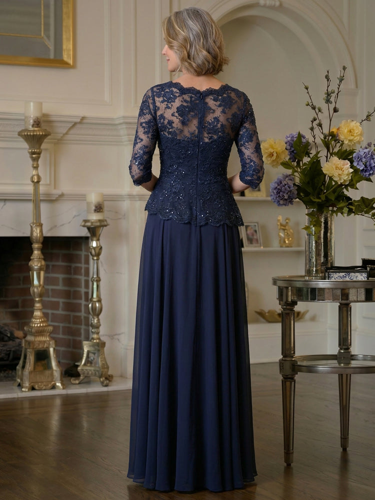 Chiffon A-Line Boat Neck Long Mother of the Bride Dresses with Lace Applique