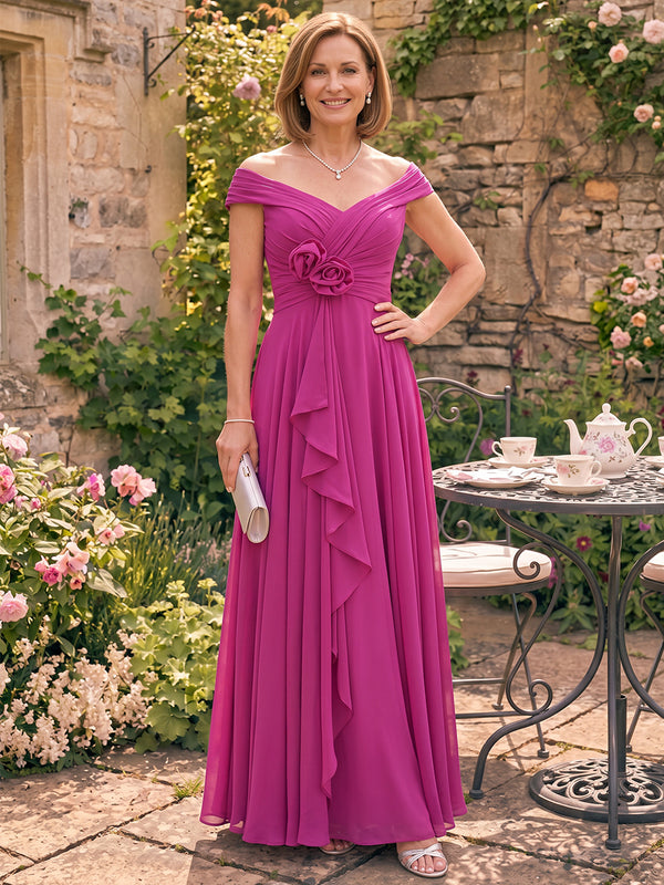 Chiffon A-Line Off the Shoulder Long Mother of the Bride Dresses with Ruffles
