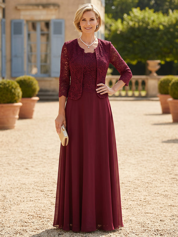 Chiffon A-Line Scoop Neck Long Mother of the Bride Dresses with 2 Pieces
