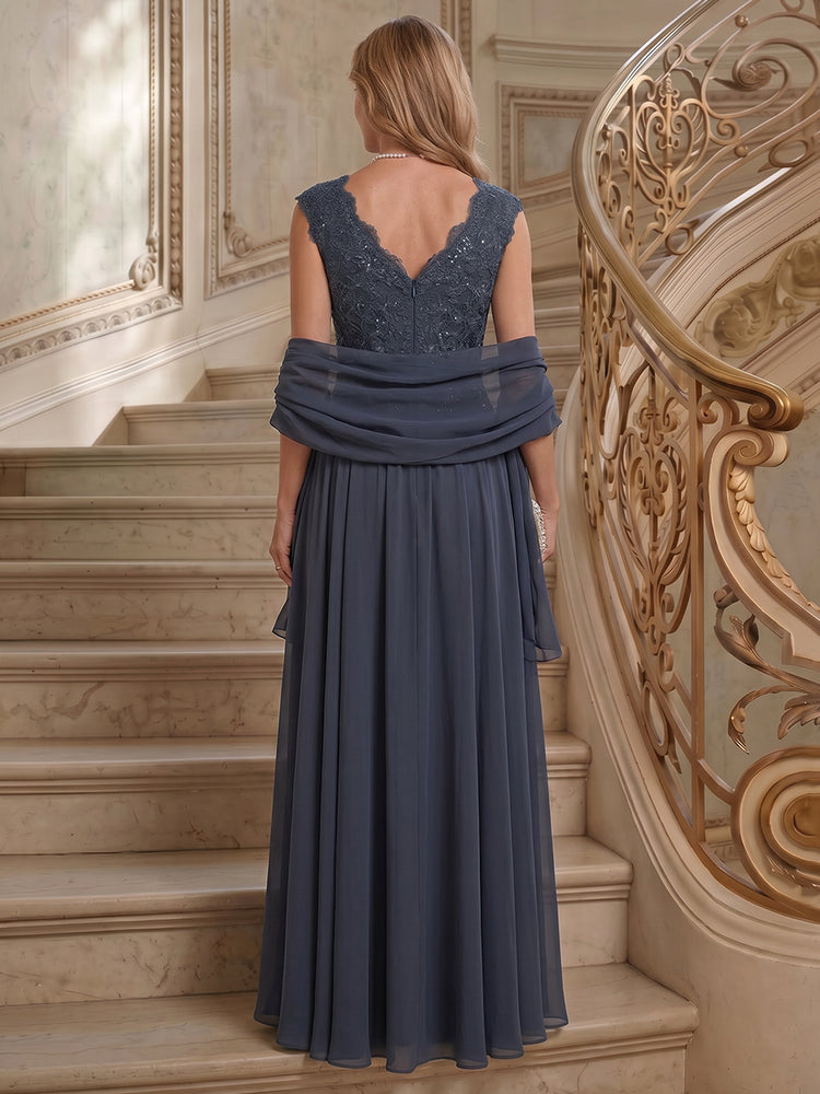 Chiffon A-Line V Neck Long Mother of the Bride Dresses with Cape
