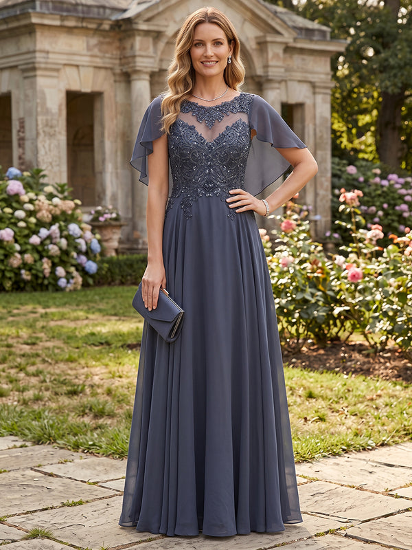 Chiffon A-Line Boat Neck Long Mother of the Bride Dresses with Lace Applique