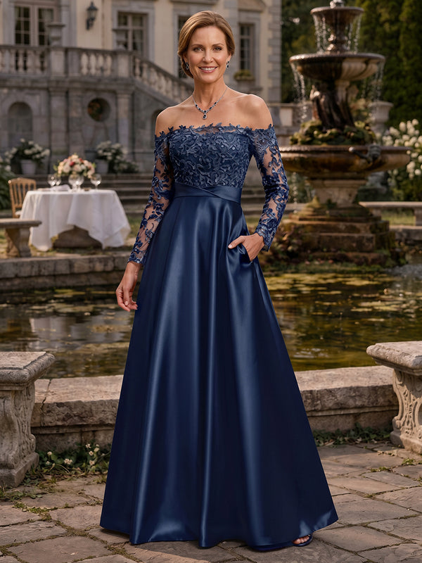 Satin A-Line Off the Shoulder Long Mother of the Bride Dresses with Pocket