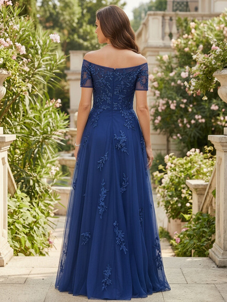 Tulle A-Line Off the Shoulder Long Mother of the Bride Dresses with Lace Applique