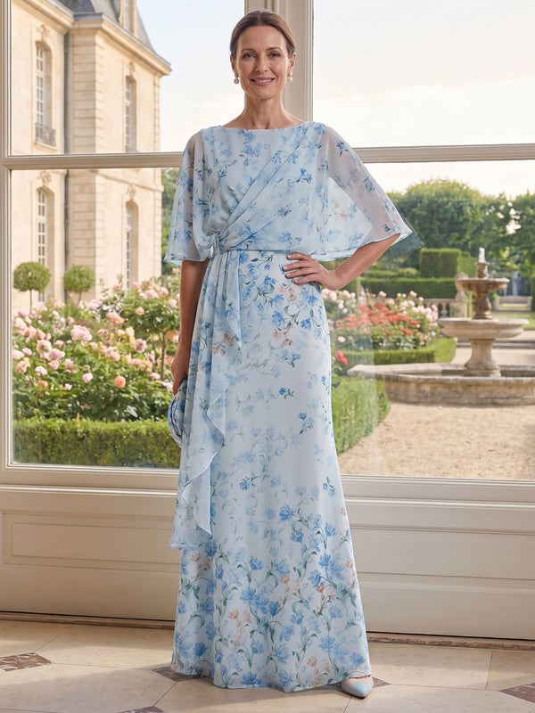 Floral A-Line Crew Neck Long Mother of the Bride Dresses with Ruffles
