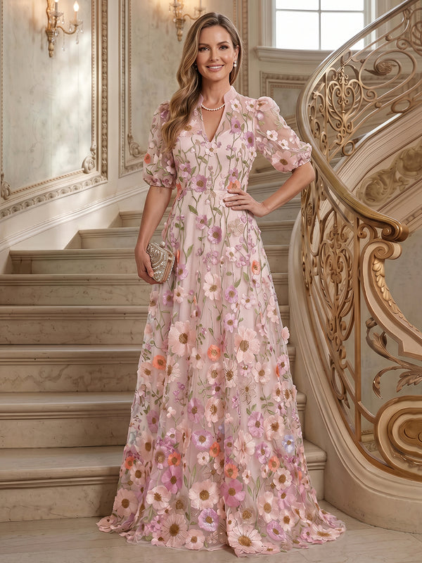 Embroidery A-Line V Neck Long Mother of the Bride Dresses with Pleated