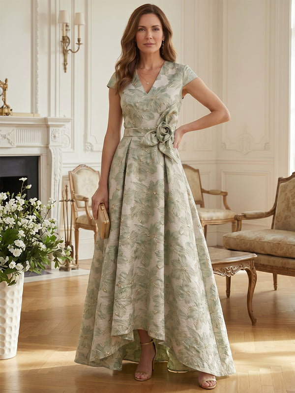 Jacquard A-Line V Neck Long Mother of the Bride Dresses with 3D Flowers