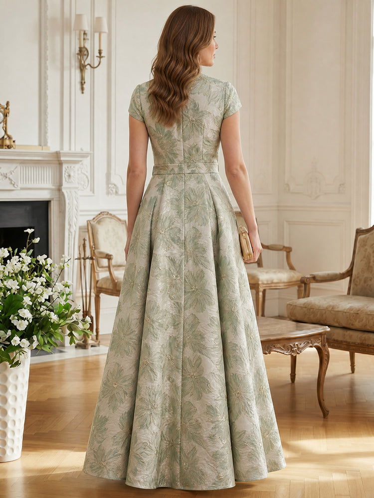 Jacquard A-Line V Neck Long Mother of the Bride Dresses with 3D Flowers