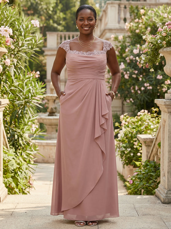 Chiffon Mermaid Square Neck Long Mother of the Bride Dresses with Lace Applique