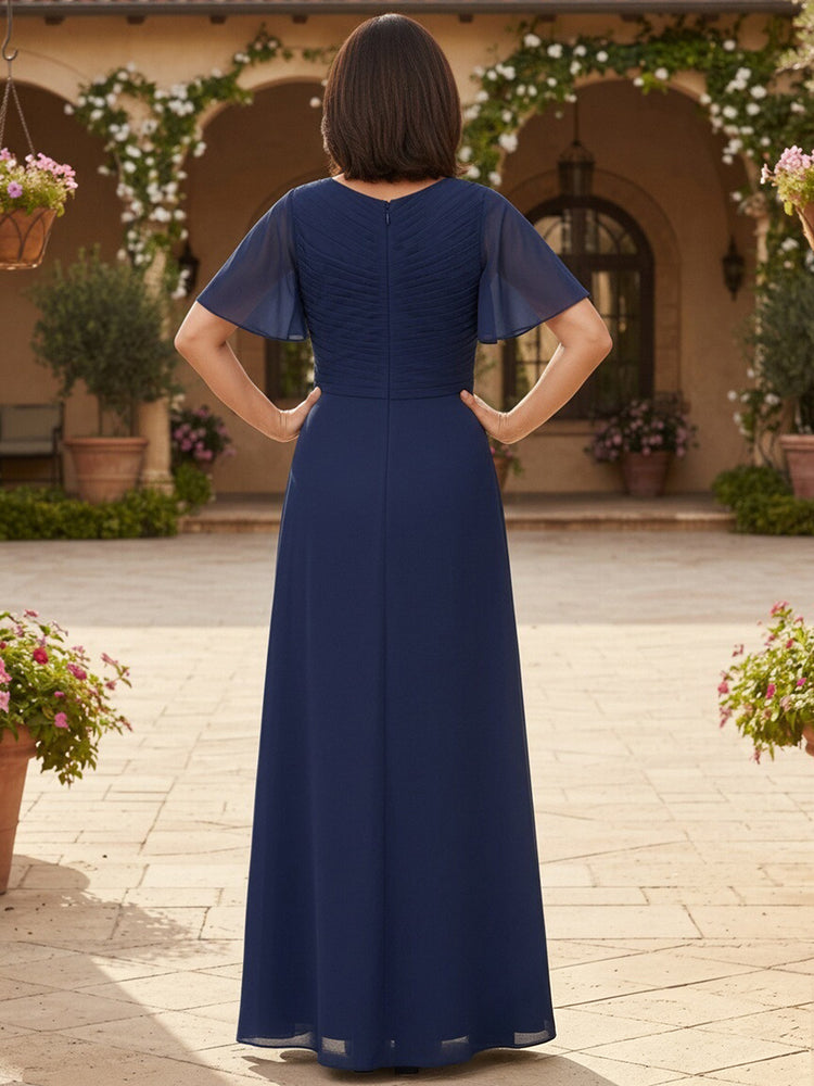Chiffon A-Line V Neck Long Mother of the Bride Dresses with Pleated