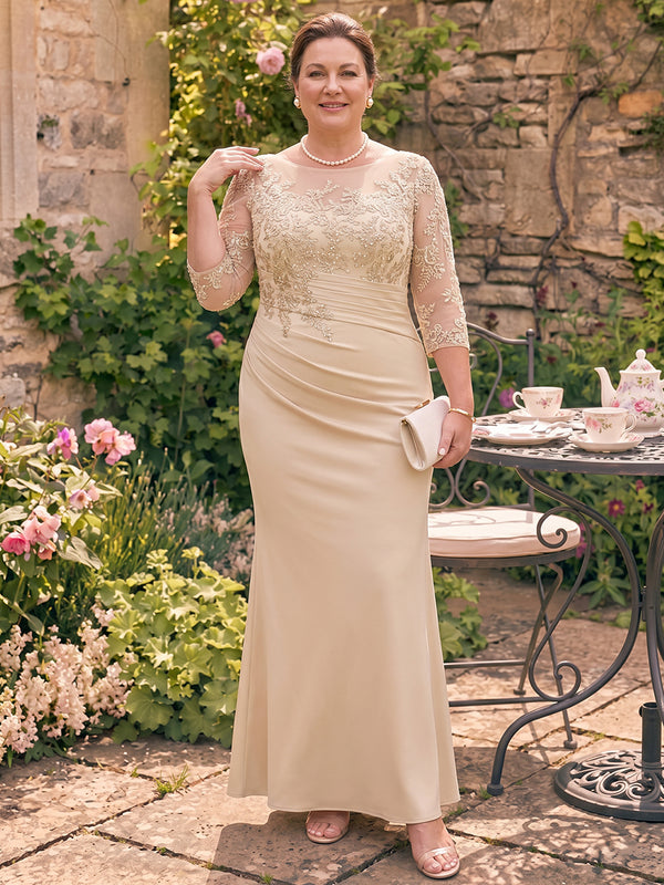 Satin Mermaid Boat Neck Long Mother of the Bride Dresses with Lace Applique
