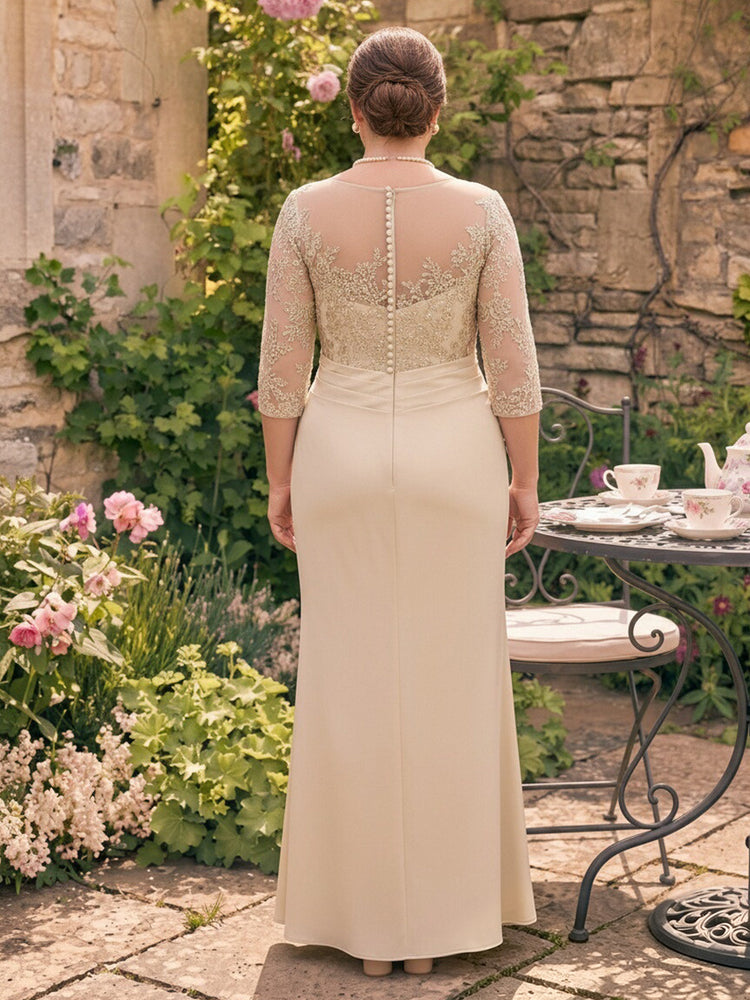 Satin Mermaid Boat Neck Long Mother of the Bride Dresses with Lace Applique