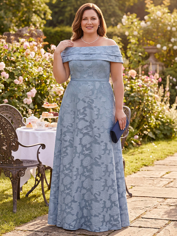 Jacquard A-Line Off the Shoulder Long Mother of the Bride Dresses with Pleated