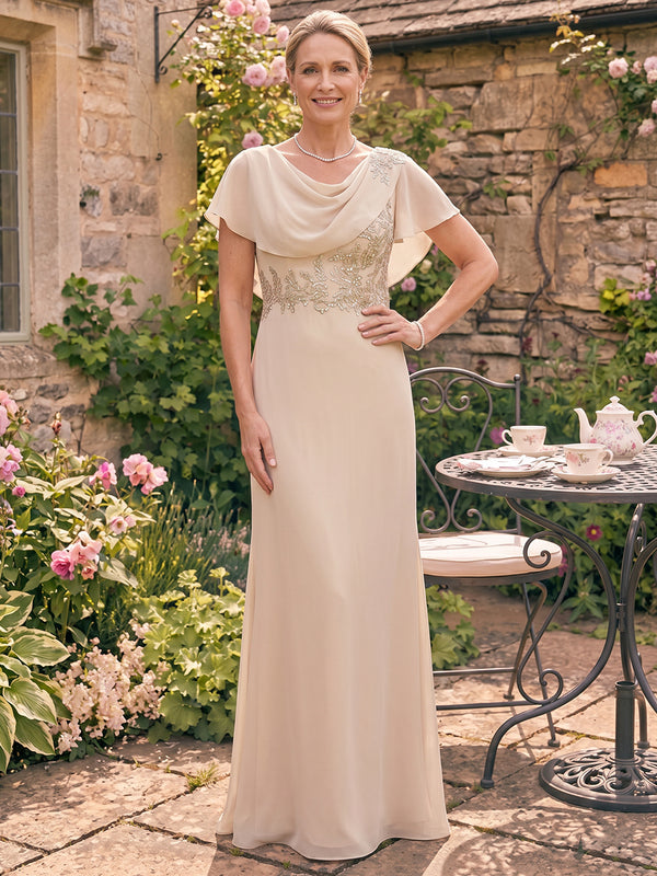Chiffon Mermaid Cowl Neck Long Mother of the Bride Dresses with Lace Applique