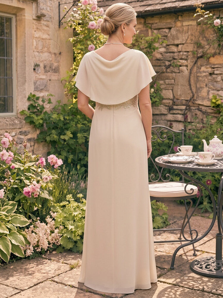 Chiffon Mermaid Cowl Neck Long Mother of the Bride Dresses with Lace Applique