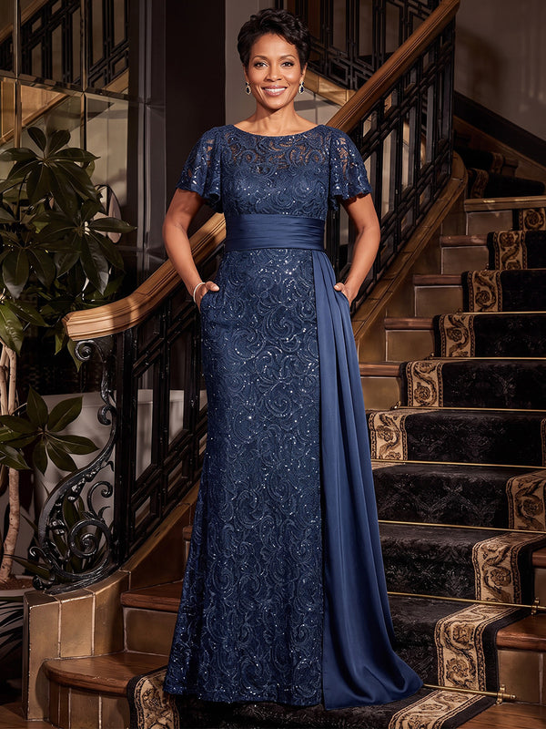 Lace Appliques Mermaid Boat Neck  Long Mother of the Bride Dresses with Pocket