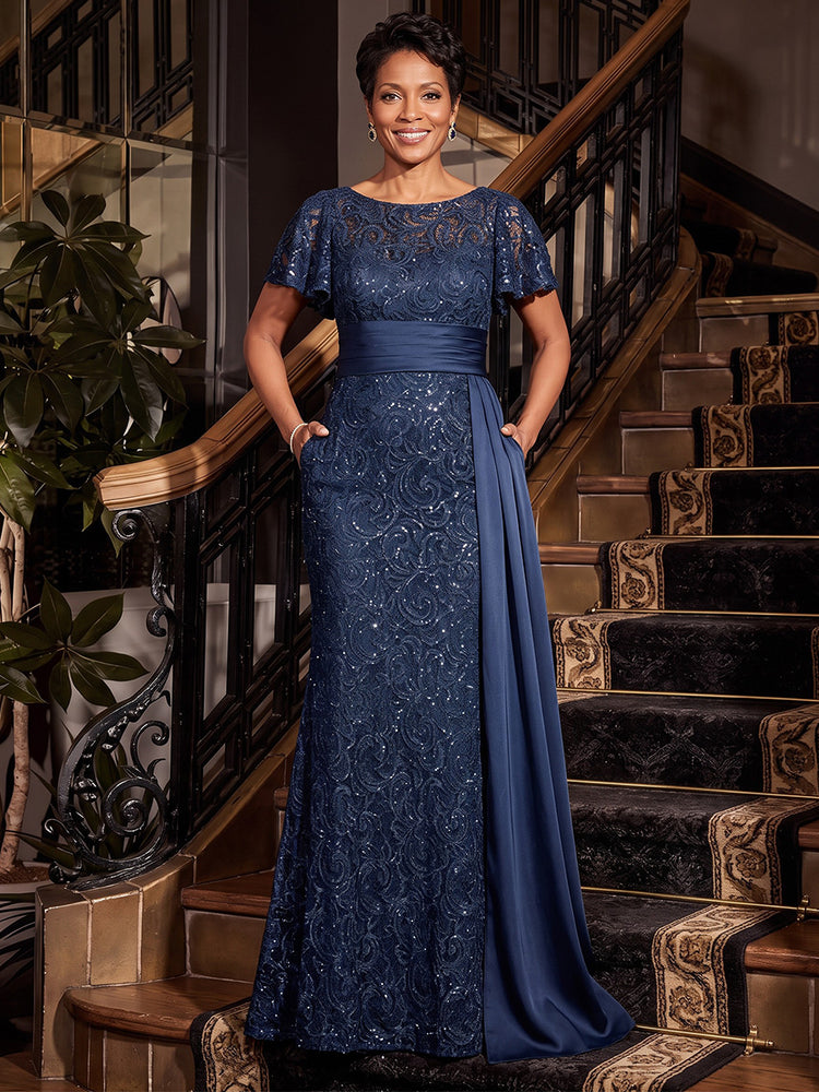 Lace Appliques Mermaid Boat Neck  Long Mother of the Bride Dresses with Pocket