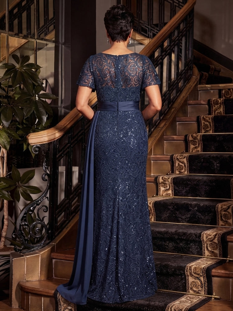 Lace Appliques Mermaid Boat Neck  Long Mother of the Bride Dresses with Pocket
