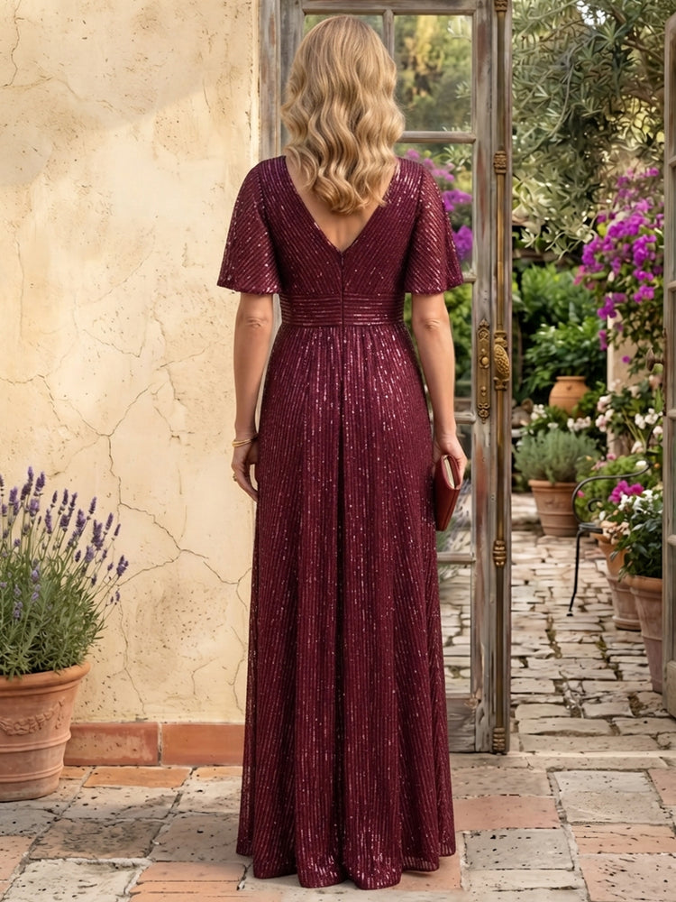 Sequin A-Line V Neck Long Mother of the Bride Dresses with Pleated