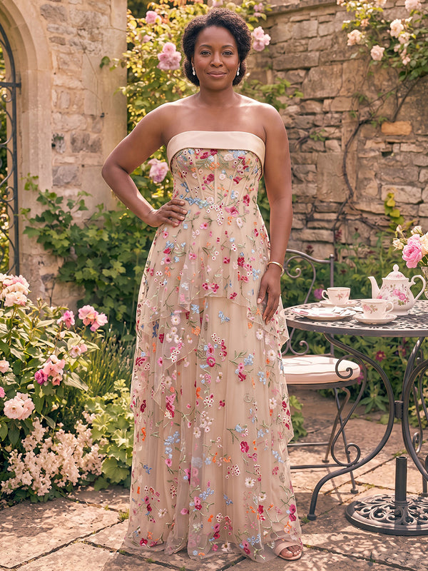 Embroidery A-Line Strapless Long Mother of the Bride Dresses with Corset