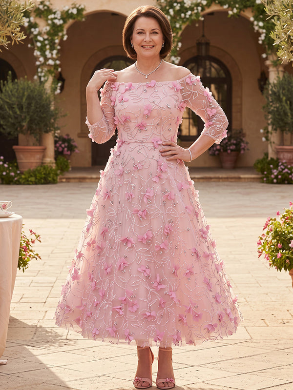 Tulle A-Line Off the Shoulder Midi Mother of the Bride Dresses with 3D Flowers